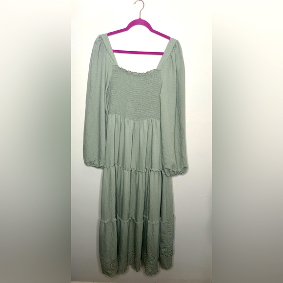 Anthropologie Moon River Boho Puffy Long Sleeve Tiered Midi Dress Green Sz Large - Picture 1 of 8